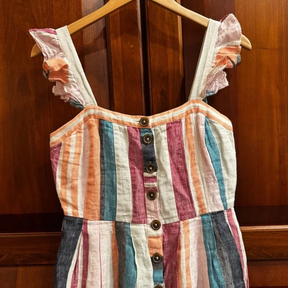 J.Crew 100% Linen Striped Midi Dress Ruffle Strap Button Front No Belt Size 2
